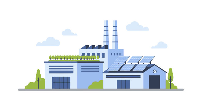 Eco friendly factory building with solar panels and rooftop garden. EPS Editable. Vector Illustrations.