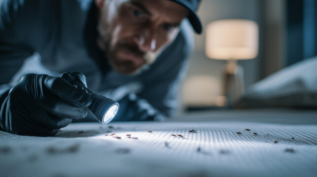 Pest control worker inspecting a mattress for bed bugs using a flashlight, highlighting hygiene, infestation detection, and professional extermination service