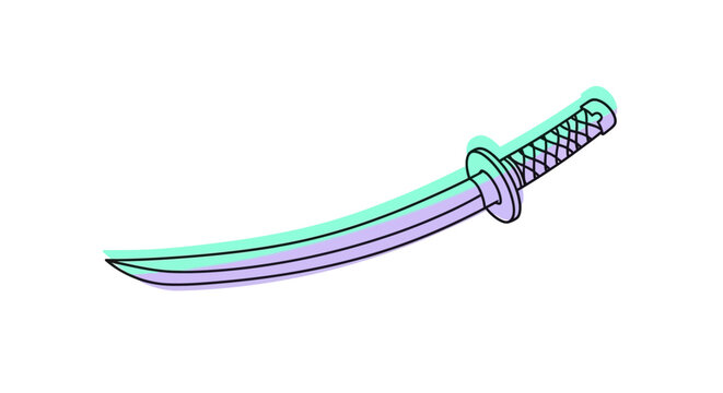 Minimalist digital illustration of a sharp katana sword with holographic outline.