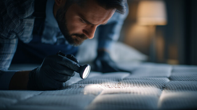 Pest control worker inspecting a mattress for bed bugs using a flashlight, highlighting hygiene, infestation detection, and professional extermination service