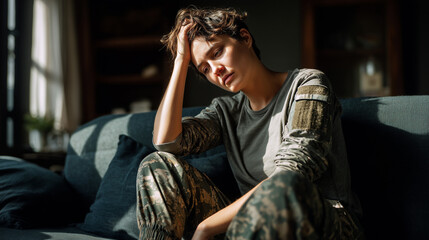 Obraz premium Stressed female soldier sitting on a couch holding her head, portraying anxiety, depression, trauma, burnout, and mental health struggles after service