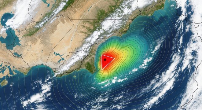 Satellite weather map showing a powerful cyclone spinning over the ocean near a coastal region