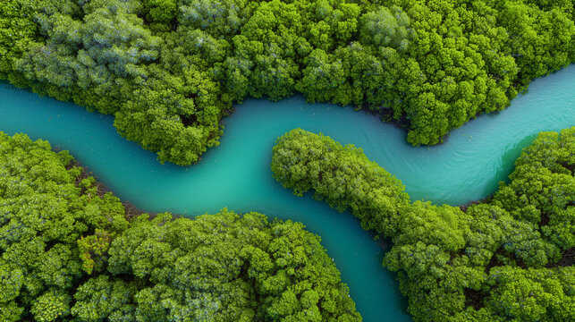 Aerial view of winding turquoise rivers flowing through dense tropical mangrove forest, showcasing vibrant nature, ecology, and untouched wilderness landscape.