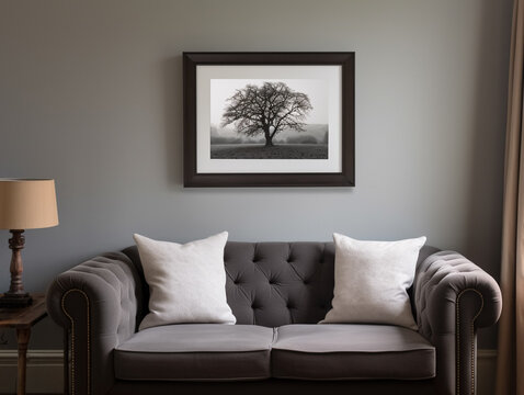 Modern living room interior with a gray tufted sofa, white pillows, and framed fine art on a solid gray wall
