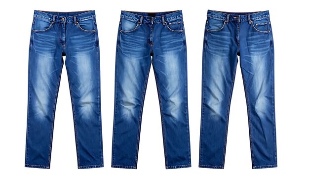 A set of three blue jeans with fading and whiskering details