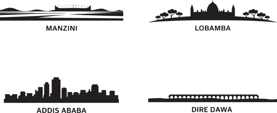Collection of african city skylines manzini lobamba addis ababa dire dawa vector graphics