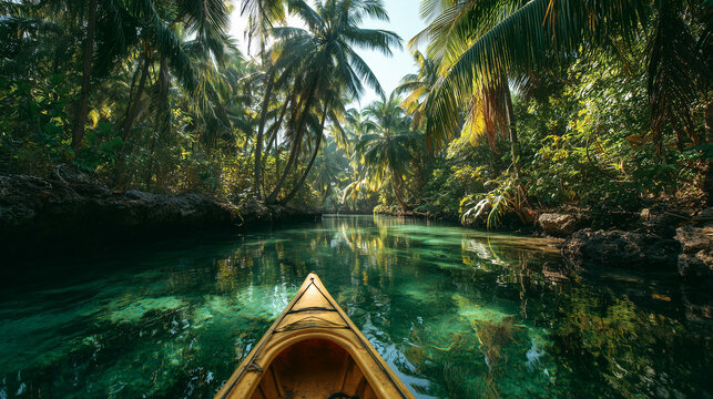 Canoe journey through crystal clear tropical jungle river, showcasing lush rainforest, peaceful adventure, and exotic nature travel destination.