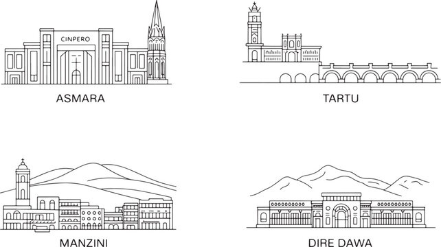Outline vector illustrations featuring global skylines asmara tartu manzini dire dawa with historic buildings