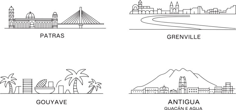 Patras, Grenville, Gouyave and Antigua city skyline line art vector illustration