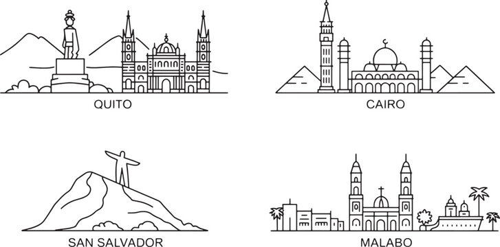 Quito ecuador skyline famous monument and buildings landmark illustration in line art style