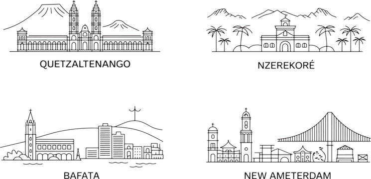 Quetzaltenango, Nzerekore, Bafata and New Amsterdam city skyline vector line art set