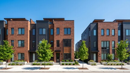Naklejka premium Row of Modern Brick Townhouses Residential Neighborhood Street View 