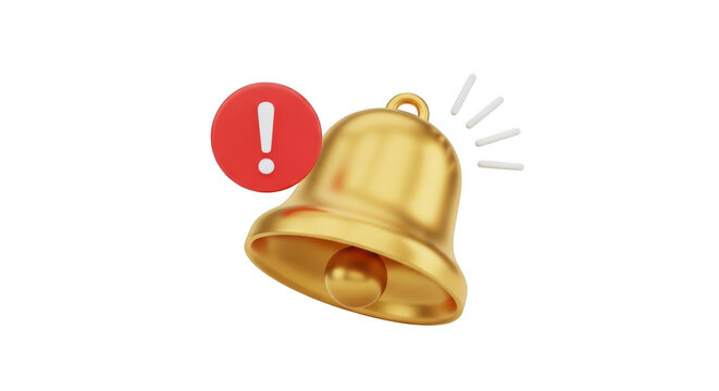3d icon of a golden bell with a red exclamation mark notification isolated on transparent background