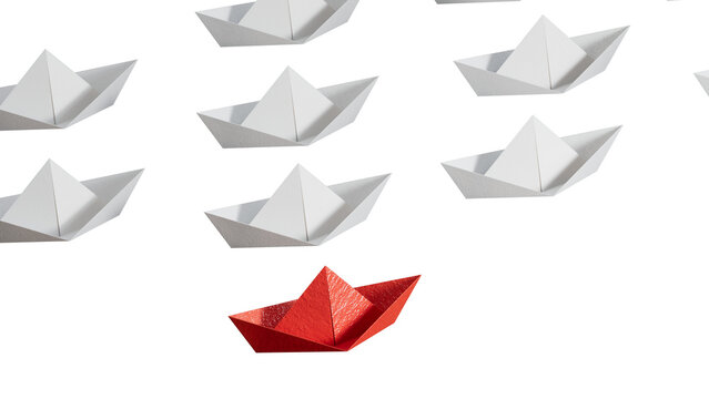 Different business concept.new ideas. paper art style.Leadership concept with red paper ship leading among white boats.Supports PNG files with transparent backgrounds.