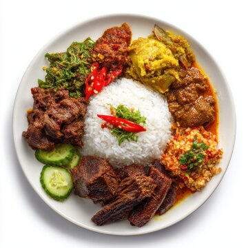 Nasi padang assorted Minang dishes with rice beef rendang isolated on a white background