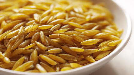 Obraz premium Closeup of yellow rice grains in bowl perfect for social media campaigns and vlogs