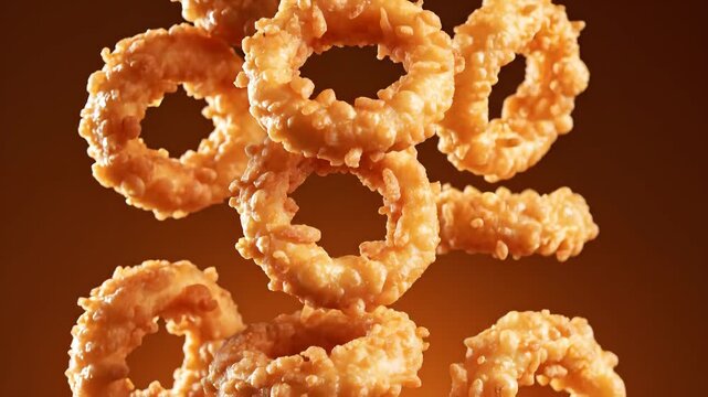 Slow-Motion Crispy Onion Rings Falling on Amber Gradient Background