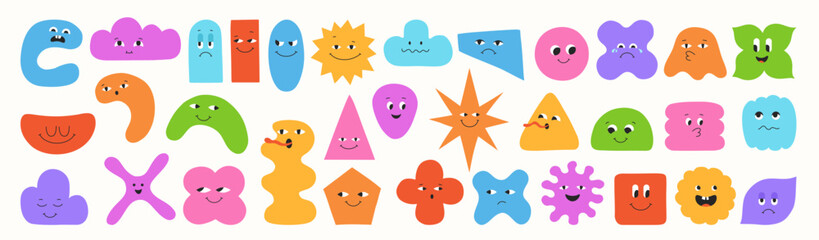 Abstract geometric characters set, cute colorful blob shapes and expressive comic faces. Playful figures with eyes, emotions quirky forms. Fun modern cartoon geometry with smiling happy face elements
