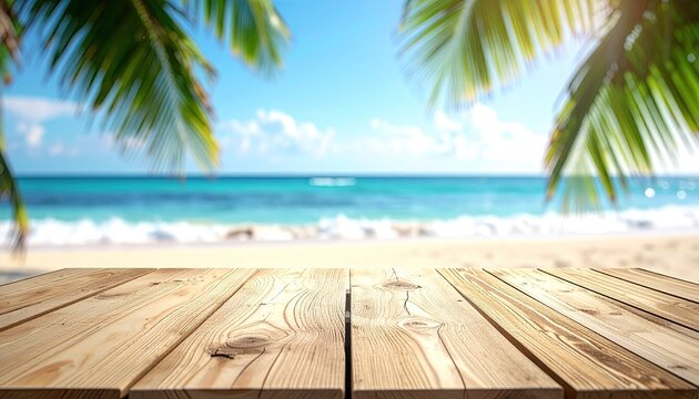 Wooden table overlooking tropical beach