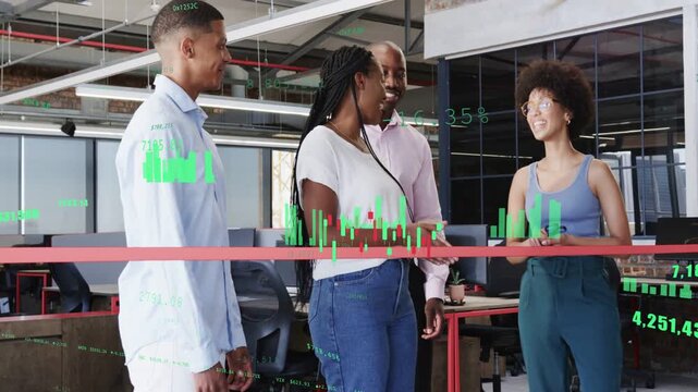 Team celebrating agreement after braided gesture, stacking hands on red bar, finance HUD overlaying