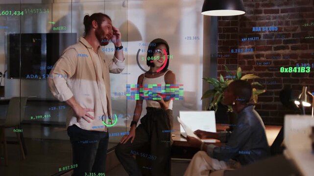 Man bun starting tech meeting gesturing, lead woman showing tablet AR gauge above head tracking KPI