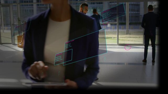 Businessman entering atrium and walking, AR business panels tracking torso while checking phone