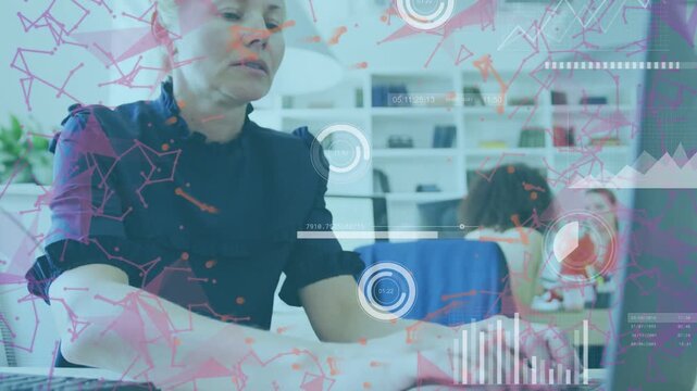Woman typing on laptop, causing HUD charts overlaying screen, leaning while analyzing tech data