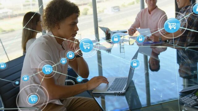 Male team member typing laptop in business, generating blue cart and lock network linking team
