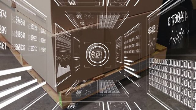 Camera moving forward, scanning pallet for inventory, HUD reticle updating, legs entering under HUD