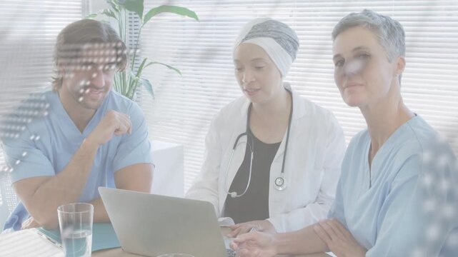 Med team reviewing while lead Dr scrolling laptop, dot map and moving code shifting revealing faces