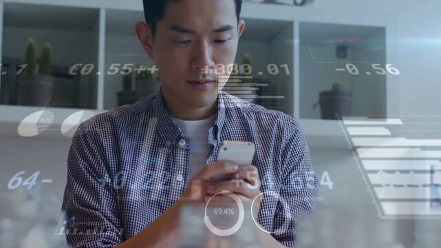 Man checking data on phone, scrolling finance bars and % rings over head-chest while camera rising