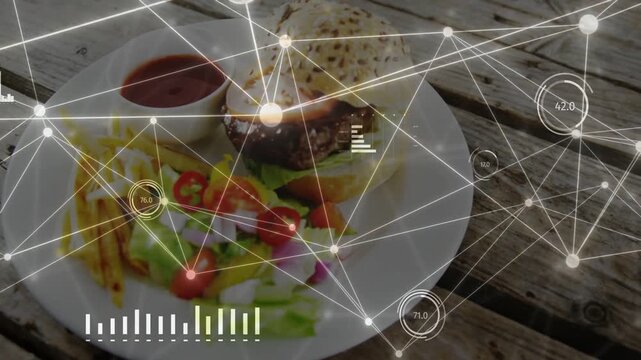 Network overlay activating over plate on wood table, nodes moving and charts revealing nutrition
