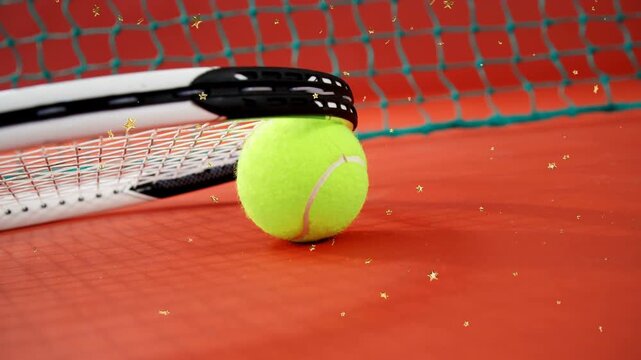 Racket lifting and revealing yellow tennis ball rolling toward green net with gold stars for sports