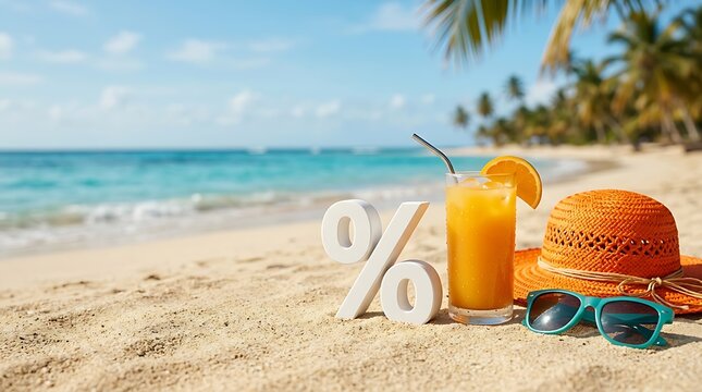 Minuman segar dan aksesori pantai di tepi laut saat liburan santai