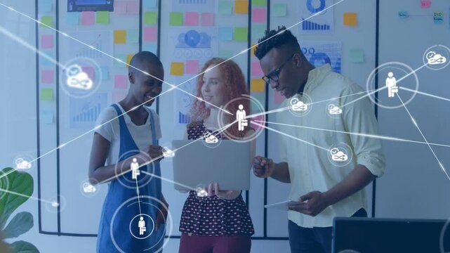 Vertical video: Team leaning over laptop, icon showing, network growing covering them for biz demo