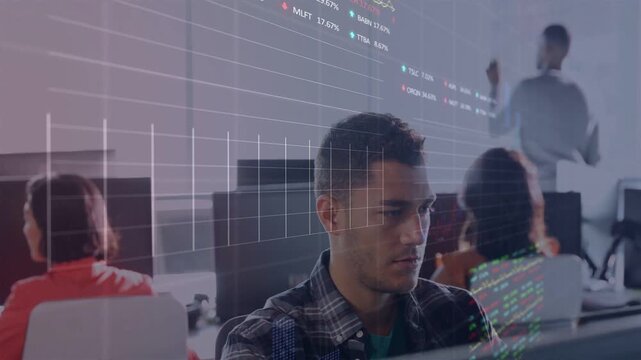 Man watching peer presenting business data overlays aligning with screen smiling confirming growth