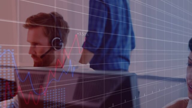 Female agent activating live data feed, camera panning left, bearded rep monitoring trading charts