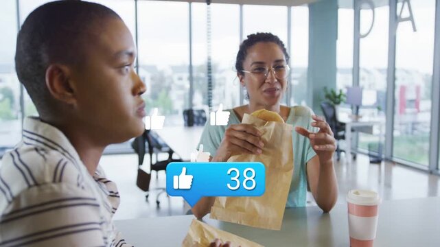 Right colleague speaking, chat bubble appearing and like tally climbing, showing engagement