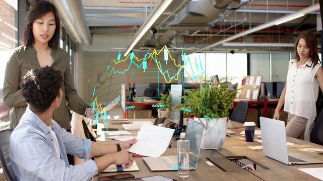 Standing woman leading business review, projecting chart over table while newcomer joining team