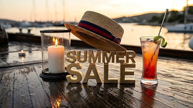 Tampilan suasana pantai saat summer sale dengan minuman segar dan aksesori santai di tepi laut