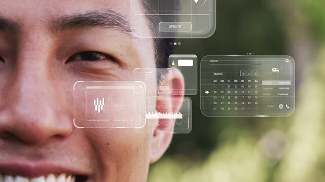 Adult male turning toward camera in park, AR widgets appearing near ear, showcasing tech data