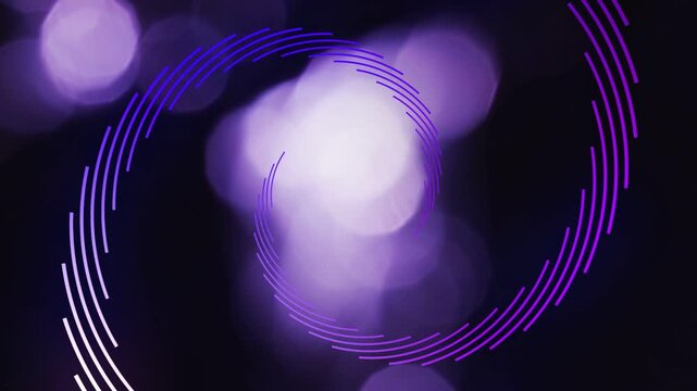 Playback starting double spiral rotating inward segments pulsing purple bokeh brightening for tech