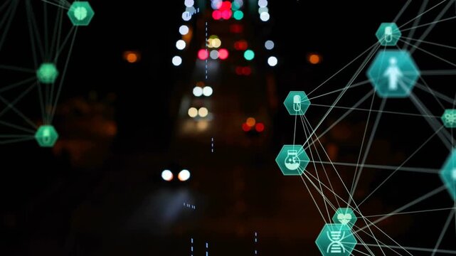 Holographic overlay emerging from right, mapping bokeh headlights and lanes, pulsing medical icons