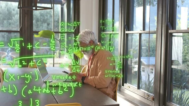 Senior man tapping tablet, causing green math equations growing and obscuring laptop while solving
