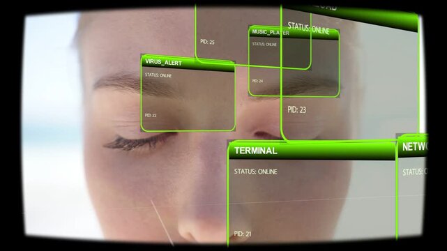 Woman opening eyes as HUD panels sliding forward initiating tech scan and showing TERMINAL NETWORK