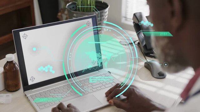 Clinician working laptop, right hand tapping trackpad, turquoise HUD reacting while analyzing data