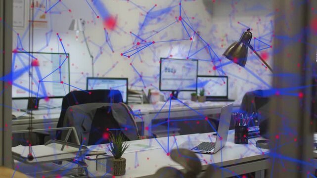 On signal, network overlay over desk forming nodes or lines, drifting, fading, showing connectivity