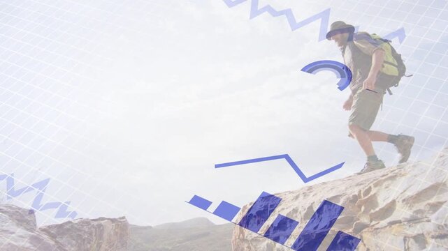 Male hiker traversing rocky ledge to cross gap, activating blue data visuals rising to overlay mesa