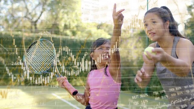 Coach guiding child, initiating toss and teaching tennis timing amid financial charts