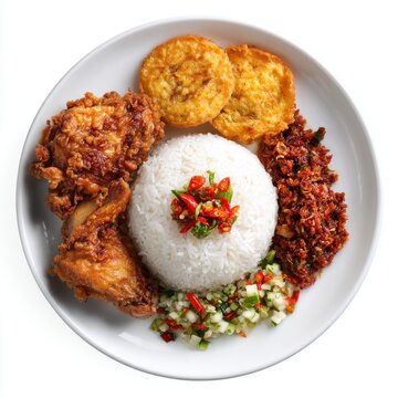 Nasi uduk coconut rice with fried chicken sambal and tempeh isolated on a white background